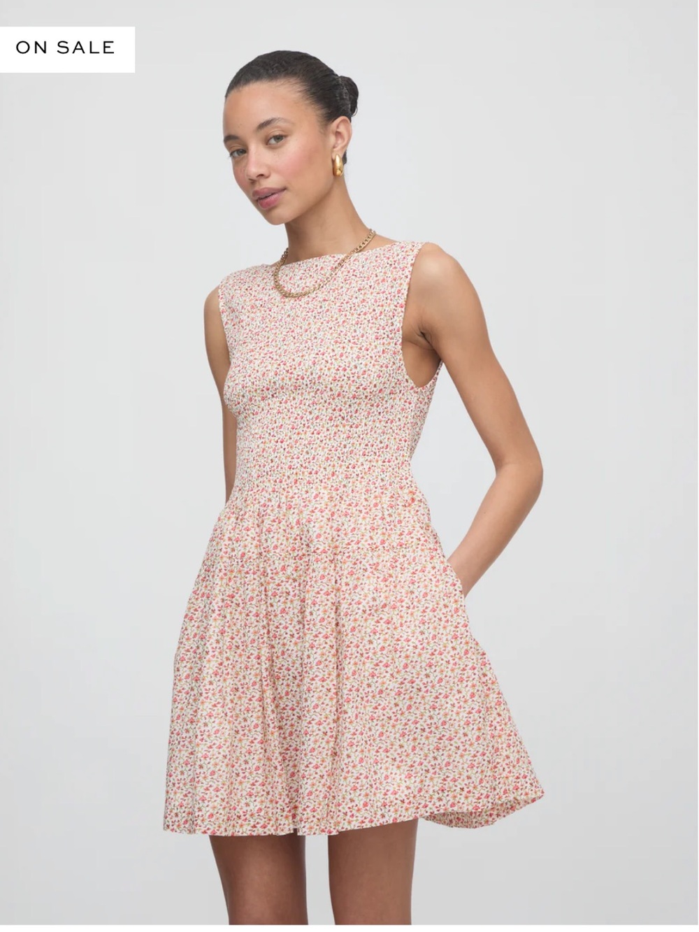 Hill House Mini Dress in Cream with Pink Floral Print